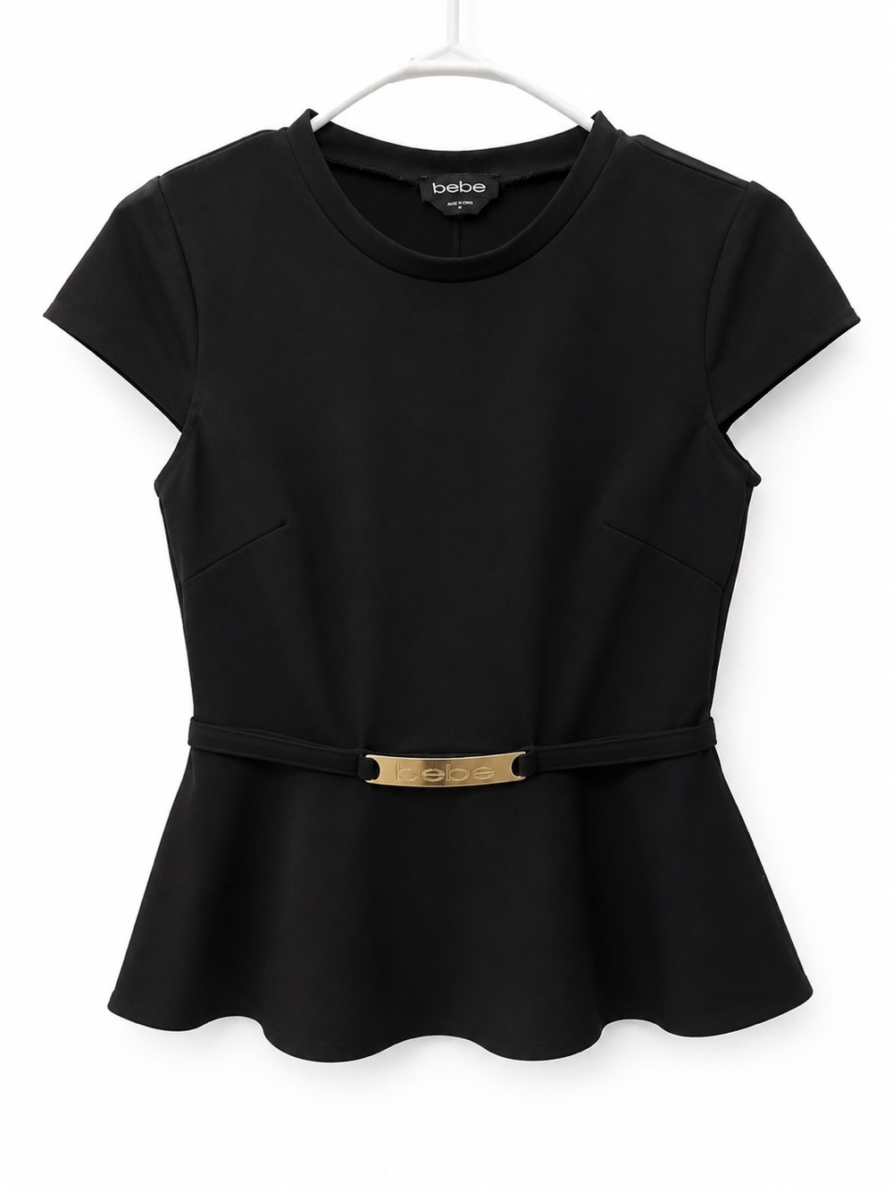 bebe Black Peplum Top with Gold Logo Plate Belt